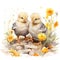 Energetic Watercolor Baby Chicks Pecking at the Ground Surrounded by Marigolds AI Generated