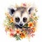 Energetic Watercolor Baby Lemur Among Madagascar Trees with Vibrant Blooms on White Background AI Generated