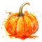 An energetic watercolor illustration of a pumpkin with vivid orange splashes