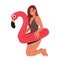 Energetic Woman Character with Inflatable Flamingo Ring Joyfully Leaps Into The Air Wearing Brown Swimsuit