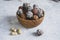 energy balls on a light table, bowl. Homemade healthy sweets