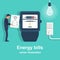 Energy bills. Man paying utilities. Concept of invoice and electricity meter.