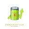 Energy boost icon with lightning. Green battery accumulator charging process symbol. Power increase. Vector illustration