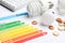 Energy efficiency rating chart, coins and light bulbs
