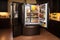 energy-efficient refrigerator, with its door left open, to show the well-organized interior