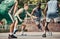 Energy, fitness and basketball at basketball court with team playing in competitive sports game. Exercise, training and