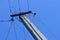 Energy Pole Blue Sky. Concrete pillar, electric wires. Power Supply, bend of energy line
