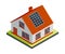 Energy power grid isometric. Power distribution element with family house. Electric transmission network providing