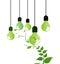 Energy saving eco lamps, made with green leaves with sketches. LED lamp with green leaf. Minimal nature concept. Think