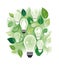 Energy saving eco lamps, made with green leaves with sketches. LED lamp with green leaf. Minimal nature concept. Think