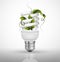 Energy saving lamp concept with lightbulb and green leaves