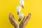 energy saving light bulbs and female hands on a yellow background, energy saving and eco friendly life concept