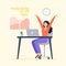 A energy woman starts work at morning. Working at home, telework, freelance. Vector flat illustration.