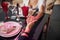 Engaged Caucasian couple seated in a restaurant