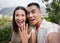 Engagement, ring and celebration with a young couple announcing their happy news and special occasion. Closeup portrait