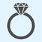 Engagement ring solid icon. Romantic proposal jewelry item with diamond. Wedding asset vector design concept, glyph