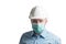 Engeener in helmet wearing medical mask for protect virus on white background