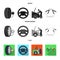 Engine adjustment, steering wheel, clamp and wheel black, flat, monochrome icons in set collection for design.Car