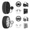 Engine adjustment, steering wheel, clamp and wheel black,monochrome icons in set collection for design.Car maintenance