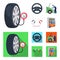 Engine adjustment, steering wheel, clamp and wheel cartoon,flat icons in set collection for design.Car maintenance