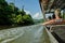 Engine boat in the river Sungai Tembeling inside the forest Taman Negara in Malaysia