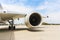 Engine of modern passenger jet airplane. Rotating fan and turbine blades