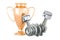 Engine pistons with gold trophy cup award, 3D rendering
