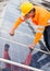 Engineer adjusting solar panels