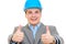 An engineer with blue hard hat thumbs up