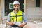 Engineer builder. Happy Foreman work in construction site. senior worker project designer leader concept