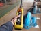 Engineer hand hilding overhead crane remote control