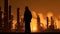 An engineer in a hard hat stands in front of an oil refinery petrochemical chemical industrial plant with equipment. AI