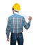 Engineer holding rolled blueprints construction on shoulder and head wear yellow safety helmet plastic on white background