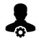 Engineer icon vector male person profile avatar with gear cogwheel for settings and configuration in flat color glyph pictogram