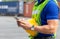 Engineer man uses mobile phone, Industrial worker using mobile smartphone in industry containers cargo