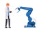 Engineer operate robotic arm flat illustration