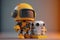 Engineer robot with 3d rendering cute and small artificial intelligence assistant robot wear yellow helmet