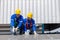 Engineer set installing and inspect standards of solar panels on roof of an industrial factory. Team technician inspection and