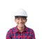 Engineer smile construction wear white safety helmet plastic. on white background
