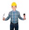 Engineer smile with hand holding Triangle trowel and paint brush wear yellow safety helmet plastic on white background