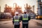 Engineer survey of oil refiner and control worker from portable radio on storage tank in sunset background