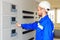 Engineer technician electrical equipment testing electrical cabinets with control panel