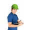 Engineer wearing blue shirt with green helmet
