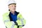 Engineer worker foreman in reflective vest standing arm crossed looking professional isolated on white background with clipping