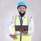 Engineering, black man and tablet in studio portrait with smile, architecture and building design. Male architect