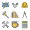 Engineering color icons set. Drawing, gears, helmet, caliper, divider, hammer and wrench, measuring tape, calculator
