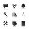 Engineering drop shadow black icons set. Drawing, gears, helmet, caliper, divider, hammer and wrench, measuring tape