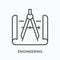 Engineering flat line icon. Vector outline illustration of architecture blueprint with compass. Construction project