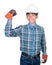 Engineering hand fist making symbol wear Striped shirt blue and glove leather with white safety helmet plastic On head white