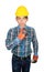 Engineering hand with the fist making symbol wear Striped shirt blue and glove leather with yellow safety helmet plastic On head